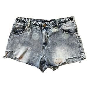 Desigual Smiley Denim Jean Shorts Womens 16 US 44 EU Distressed Grunge Skater